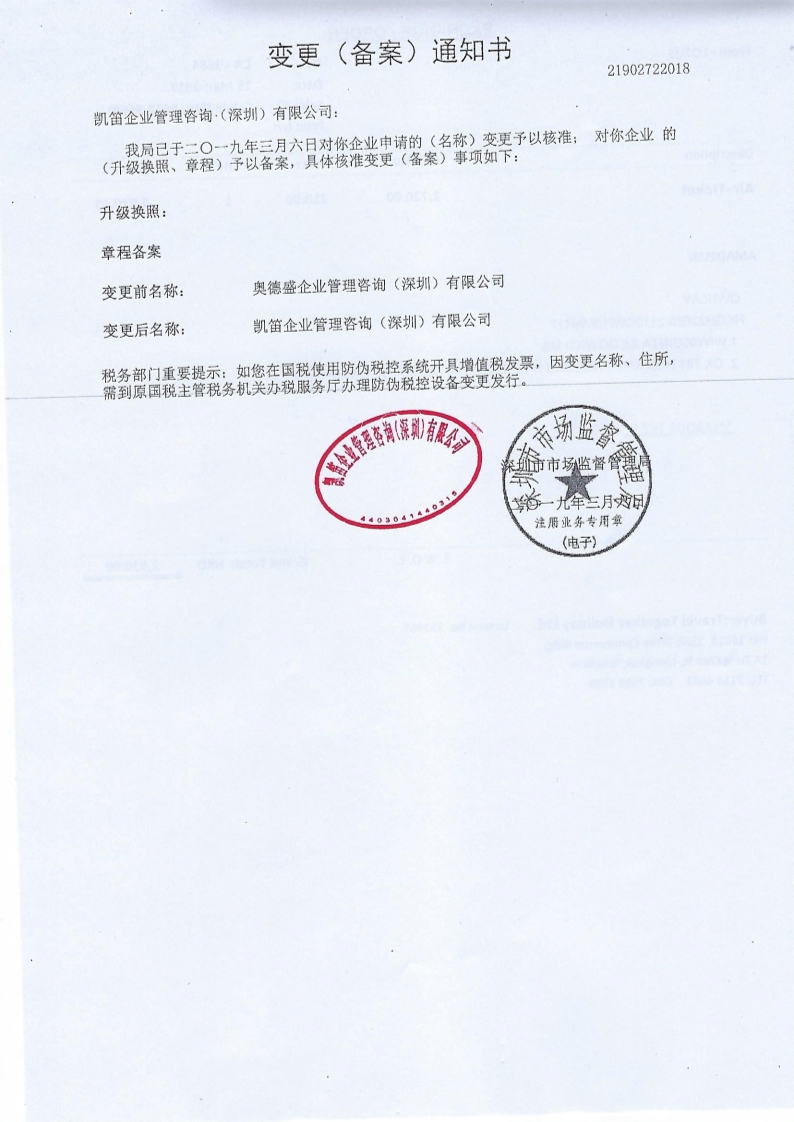 凱笛工商變更通知書 凱笛工商變更通知書